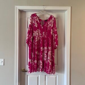 Floral Babydoll Dress in Bright Pink and White